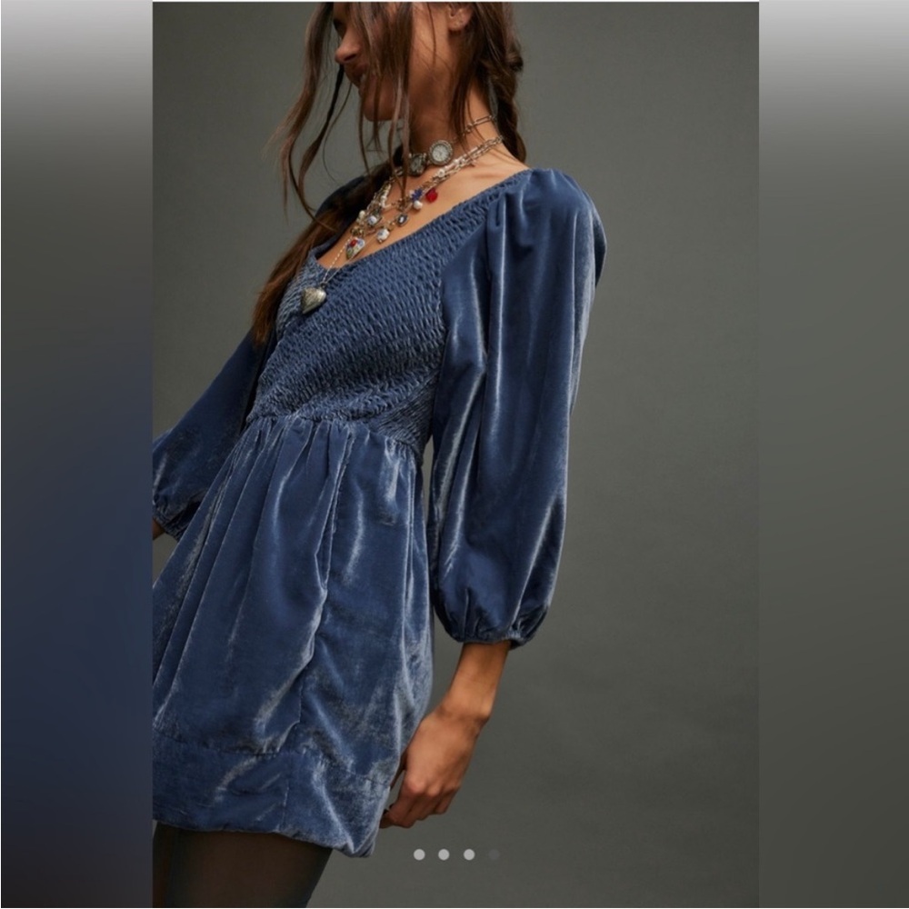 NWT Free People Farrier Harbour Blue Velvet Smocked Puff Sleeve Dress - Picture 4 of 7